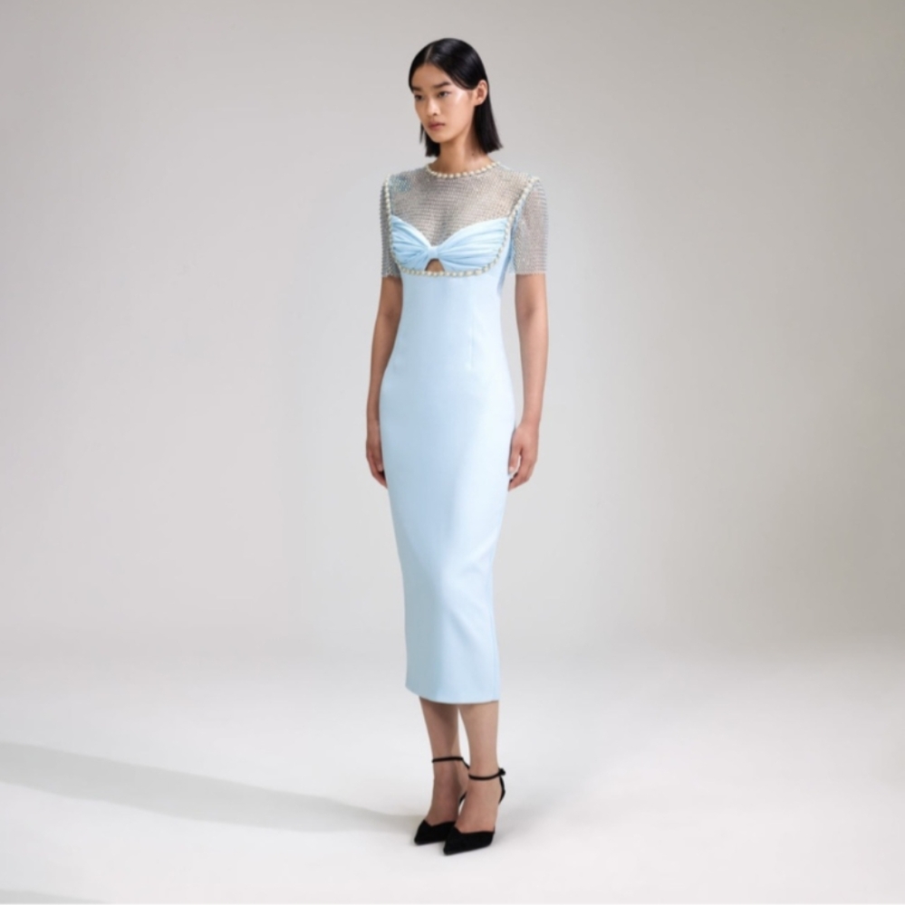 SELF-PORTRAIT BLUE CREPE DIAMANTE MIDI DRESS